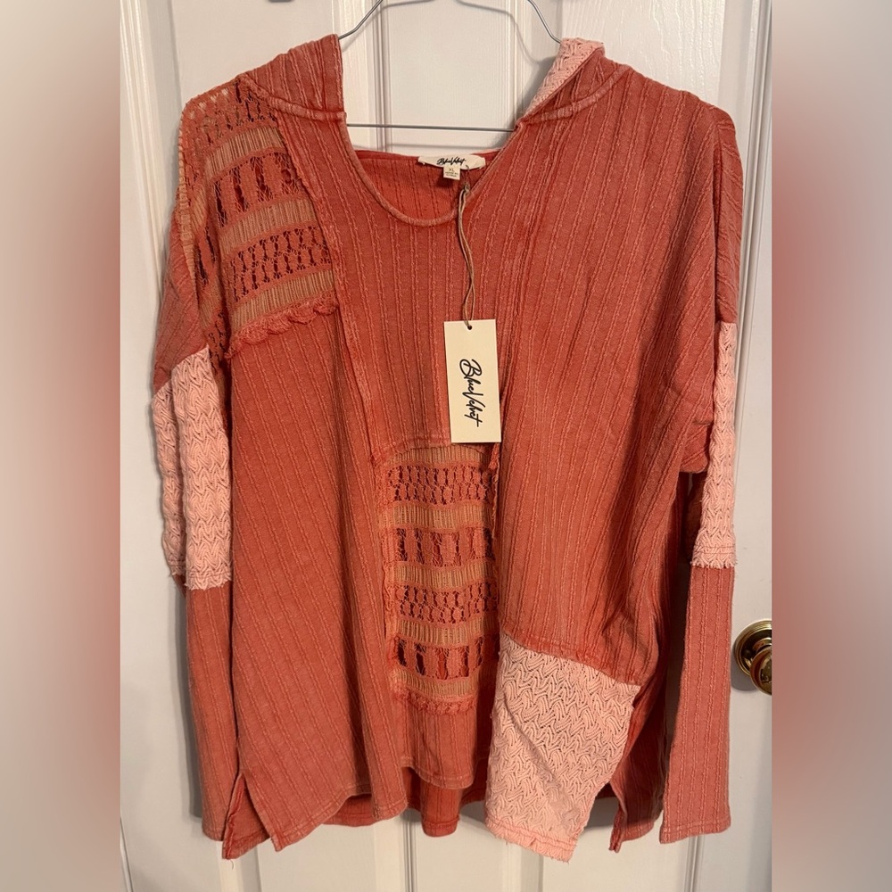 Blue Velvet Patchwork Lace Inset Tunic Hoodie in Rust, NWT, Size XL